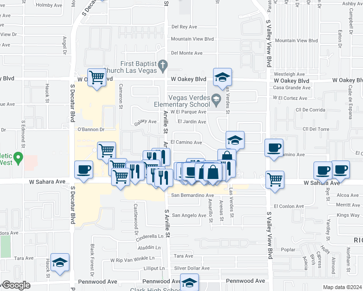 map of restaurants, bars, coffee shops, grocery stores, and more near 4305 El Camino Avenue in Las Vegas