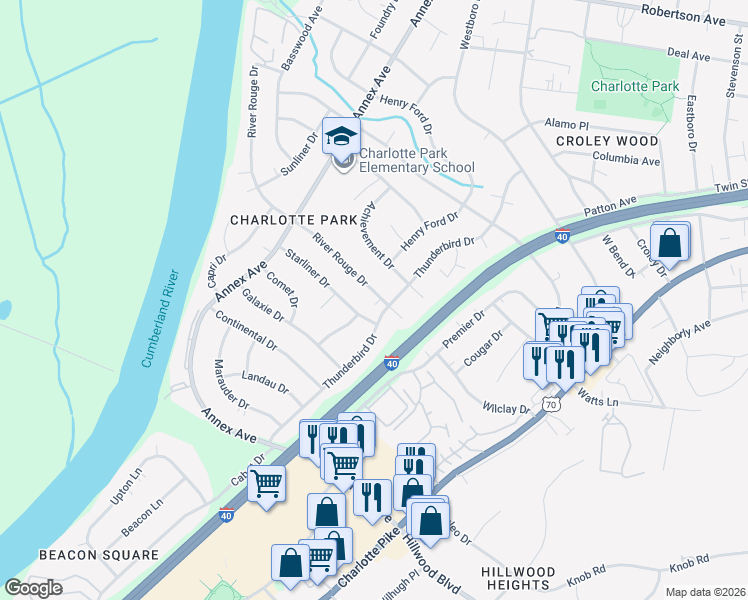 map of restaurants, bars, coffee shops, grocery stores, and more near 509 River Rouge Drive in Nashville