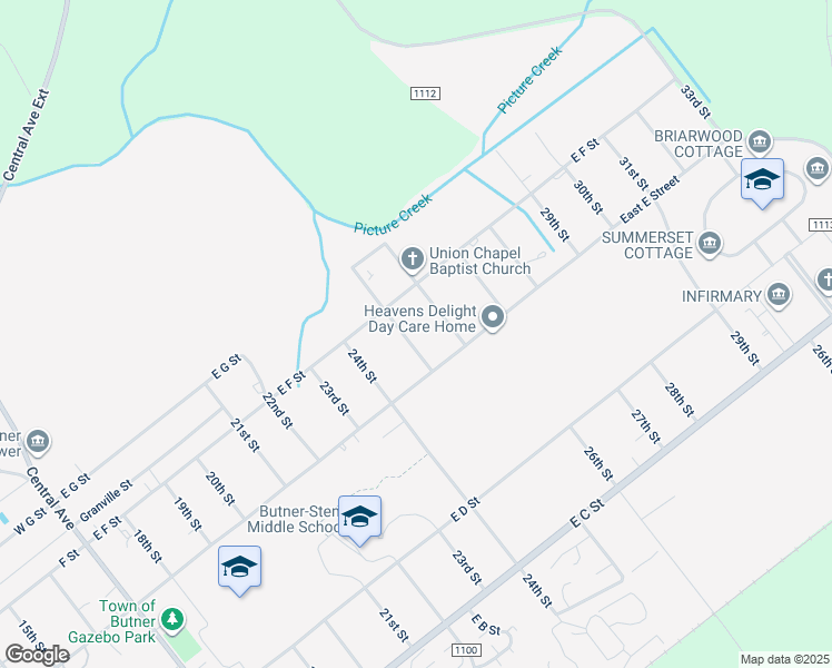 map of restaurants, bars, coffee shops, grocery stores, and more near 608 25th Street in Butner