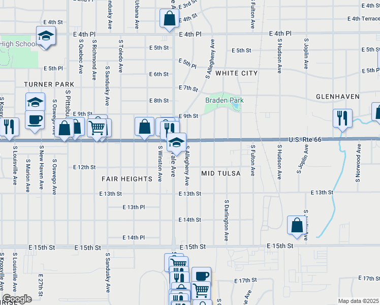 map of restaurants, bars, coffee shops, grocery stores, and more near 1123 South Allegheny Avenue in Tulsa