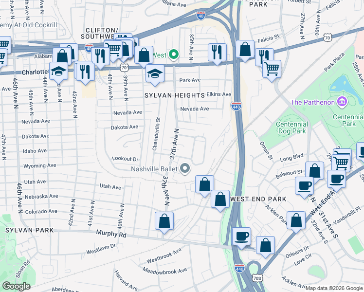 map of restaurants, bars, coffee shops, grocery stores, and more near 218 37th Avenue North in Nashville