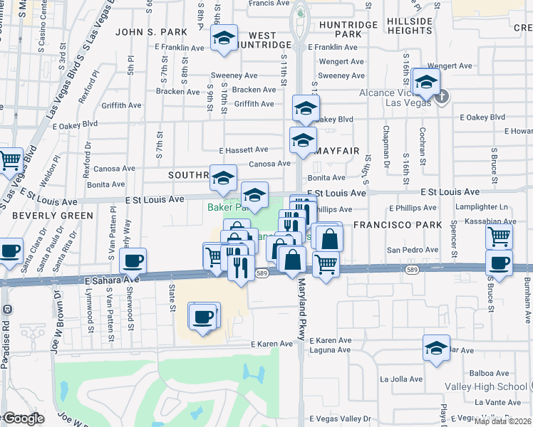 map of restaurants, bars, coffee shops, grocery stores, and more near 2000 South Maryland Parkway in Las Vegas