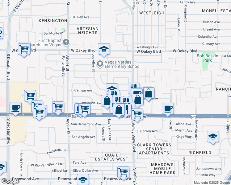 map of restaurants, bars, coffee shops, grocery stores, and more near 3809 El Portal Avenue in Las Vegas