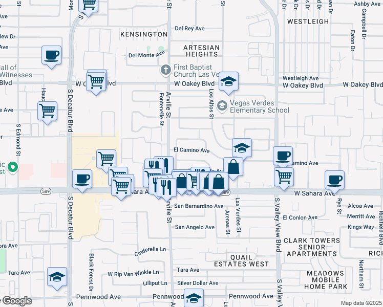 map of restaurants, bars, coffee shops, grocery stores, and more near 4305 El Camino Avenue in Las Vegas
