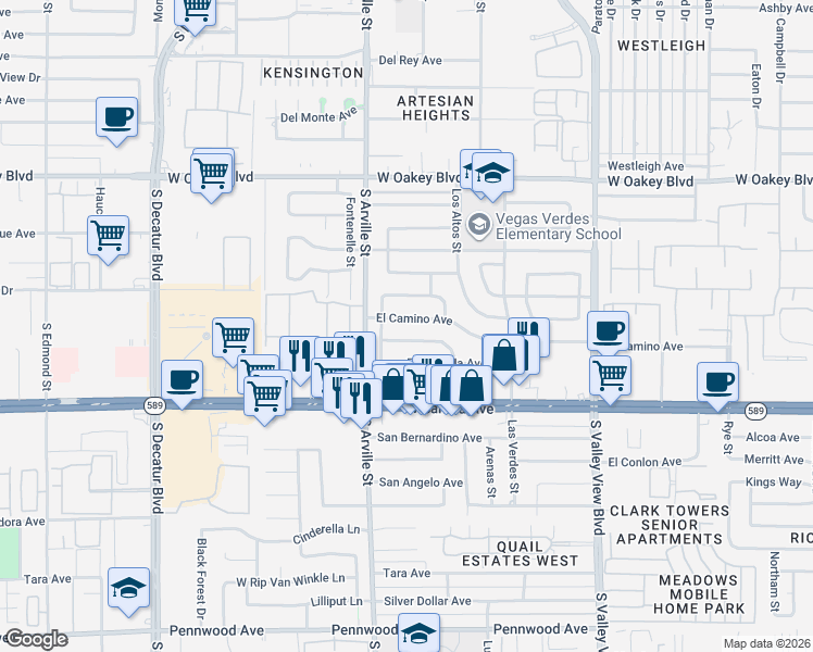 map of restaurants, bars, coffee shops, grocery stores, and more near 4305 El Camino Avenue in Las Vegas