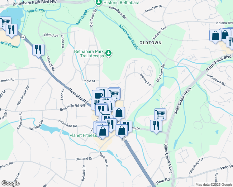 map of restaurants, bars, coffee shops, grocery stores, and more near 1510 Woods Road in Winston-Salem