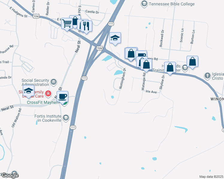 map of restaurants, bars, coffee shops, grocery stores, and more near 1482 Oxford Place in Cookeville