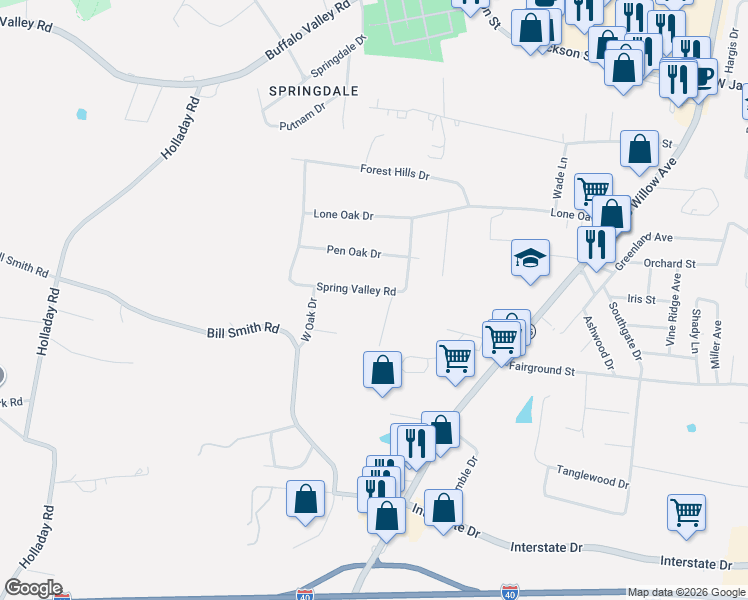 map of restaurants, bars, coffee shops, grocery stores, and more near 852 Spring Valley Road in Cookeville