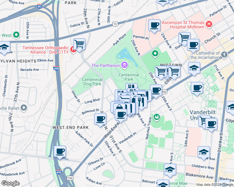 map of restaurants, bars, coffee shops, grocery stores, and more near 301 28th Avenue North in Nashville