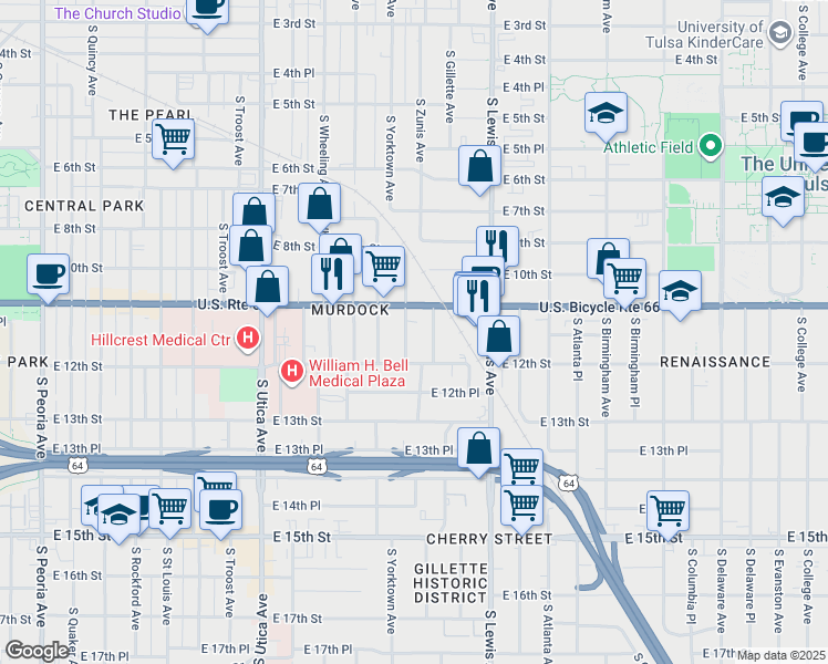 map of restaurants, bars, coffee shops, grocery stores, and more near 1123 South Yorktown Avenue in Tulsa