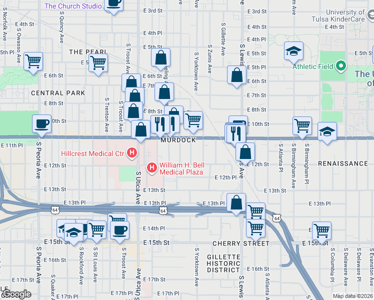 map of restaurants, bars, coffee shops, grocery stores, and more near 1123 South Xanthus Place in Tulsa