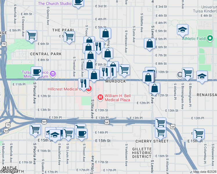 map of restaurants, bars, coffee shops, grocery stores, and more near 1120 South Xanthus Avenue in Tulsa
