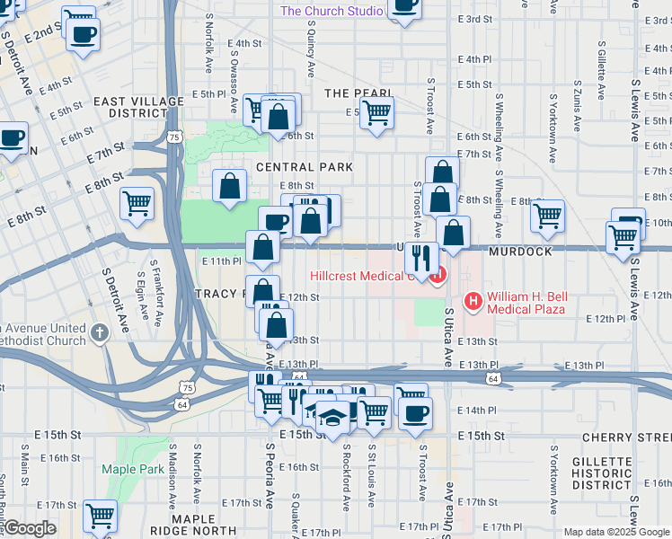 map of restaurants, bars, coffee shops, grocery stores, and more near 1121 South Quincy Avenue in Tulsa