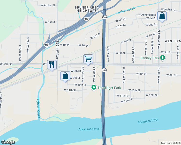 map of restaurants, bars, coffee shops, grocery stores, and more near 5928 West 8th Street in Tulsa