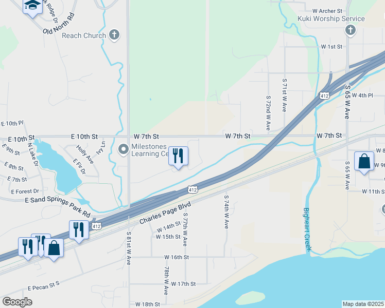 map of restaurants, bars, coffee shops, grocery stores, and more near 7702 West Gable Hills Drive in Sand Springs
