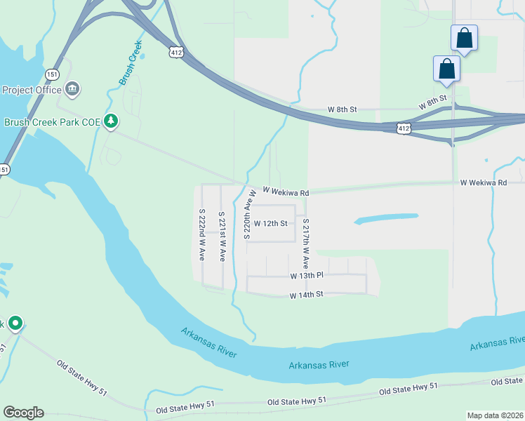 map of restaurants, bars, coffee shops, grocery stores, and more near 21830 West 11th Street South in Sand Springs