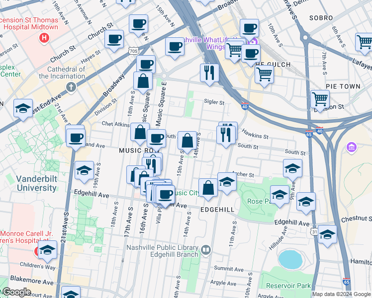 map of restaurants, bars, coffee shops, grocery stores, and more near 912 15th Avenue in Nashville