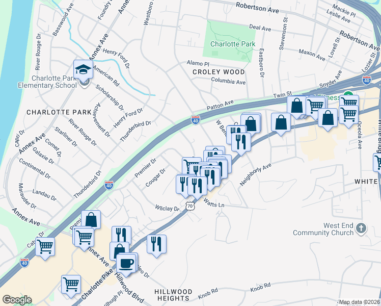 map of restaurants, bars, coffee shops, grocery stores, and more near 415 American Road in Nashville