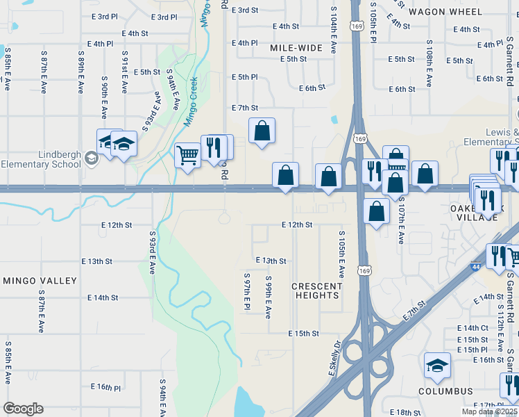 map of restaurants, bars, coffee shops, grocery stores, and more near 9837 East 12th Street in Tulsa