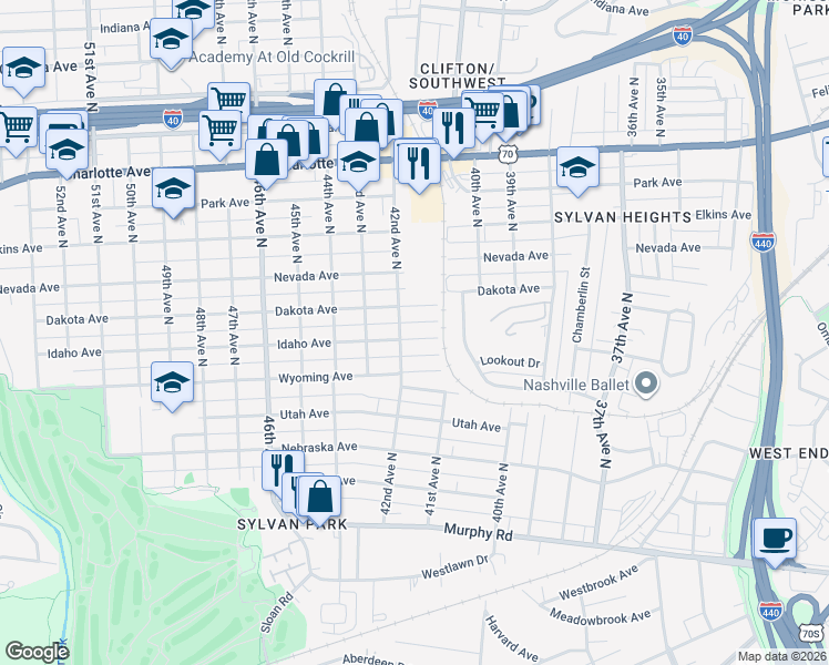 map of restaurants, bars, coffee shops, grocery stores, and more near 4114 Idaho Avenue in Nashville