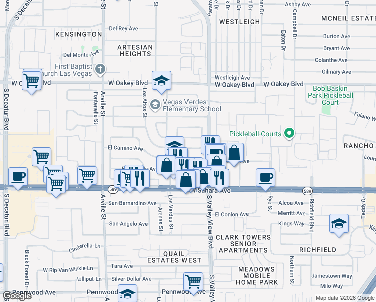 map of restaurants, bars, coffee shops, grocery stores, and more near 3809 El Portal Avenue in Las Vegas