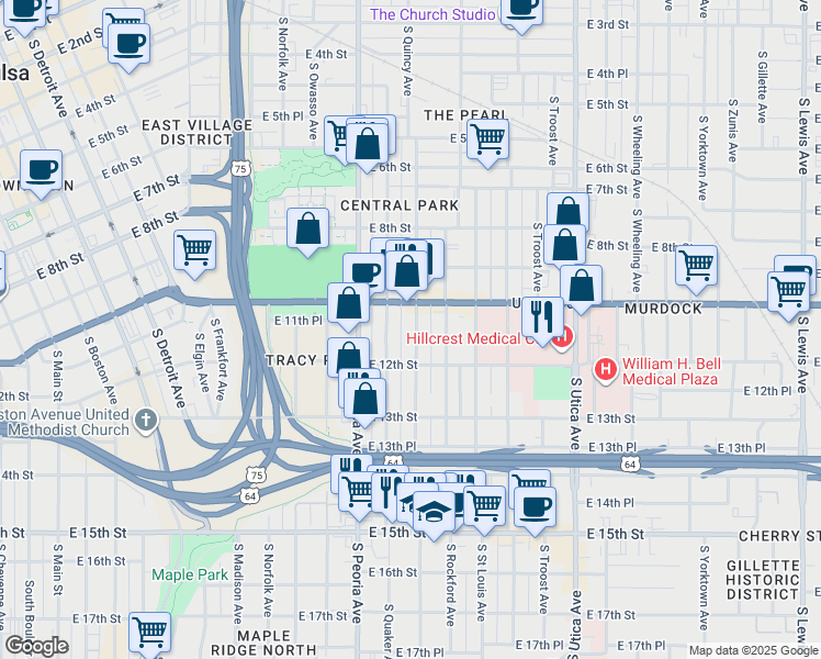 map of restaurants, bars, coffee shops, grocery stores, and more near 1122 South Quincy Avenue in Tulsa