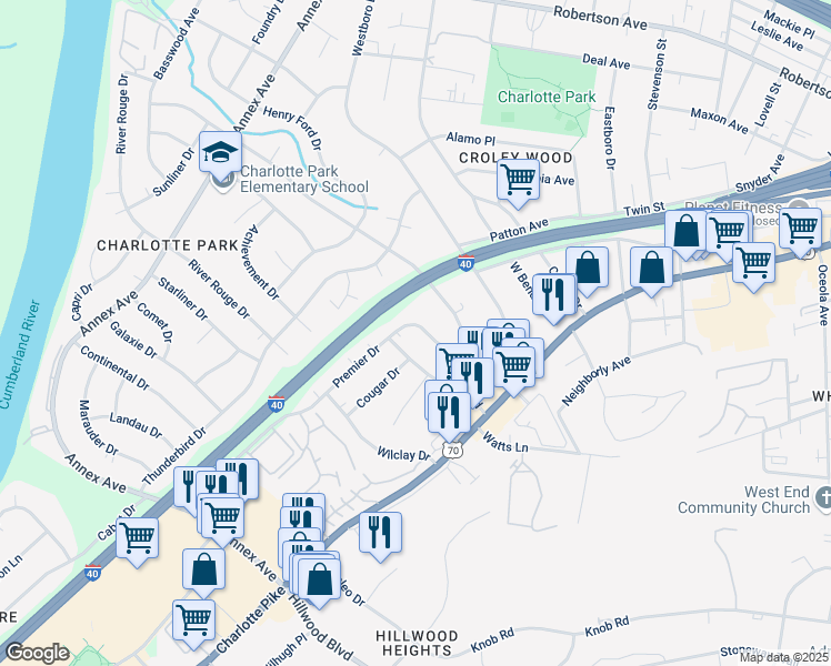 map of restaurants, bars, coffee shops, grocery stores, and more near 6417 Premier Drive in Nashville