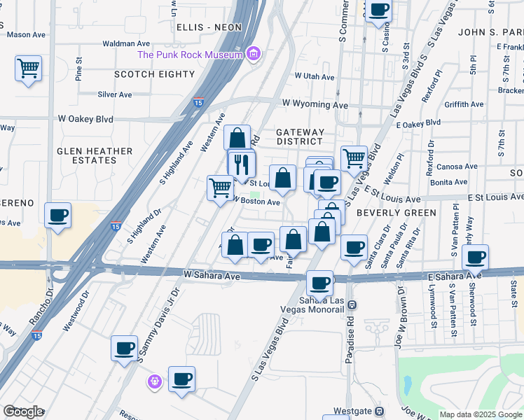 map of restaurants, bars, coffee shops, grocery stores, and more near 251 West Boston Avenue in Las Vegas