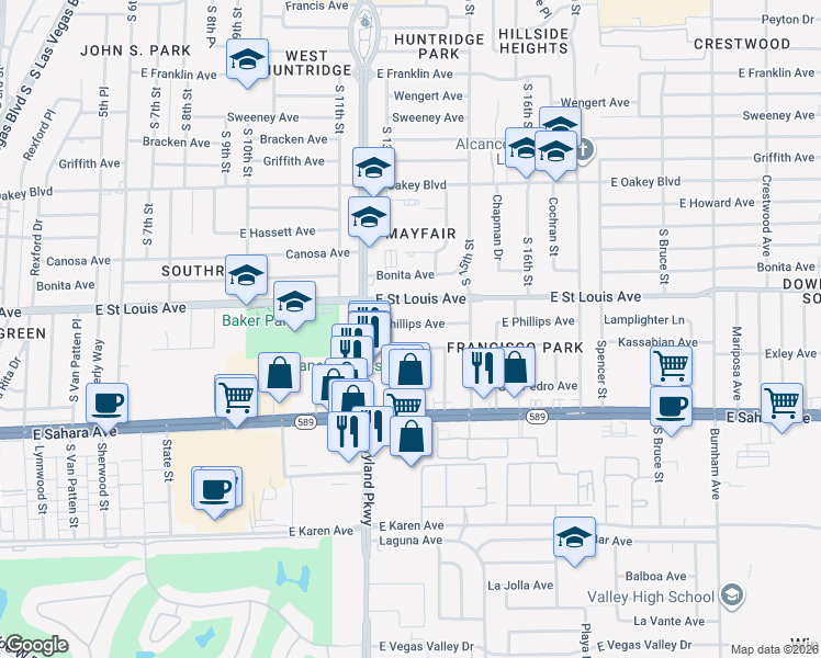 map of restaurants, bars, coffee shops, grocery stores, and more near 1300 East Phillips Avenue in Las Vegas