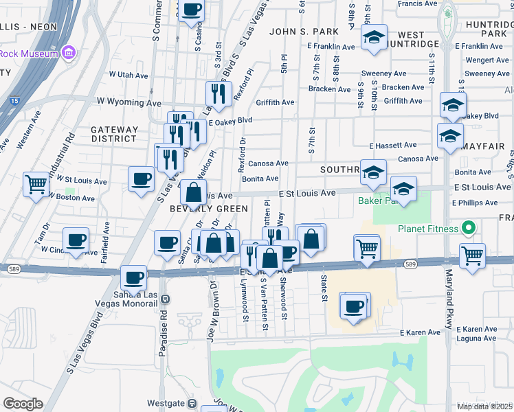 map of restaurants, bars, coffee shops, grocery stores, and more near 2013 Santa Ynez Drive in Las Vegas