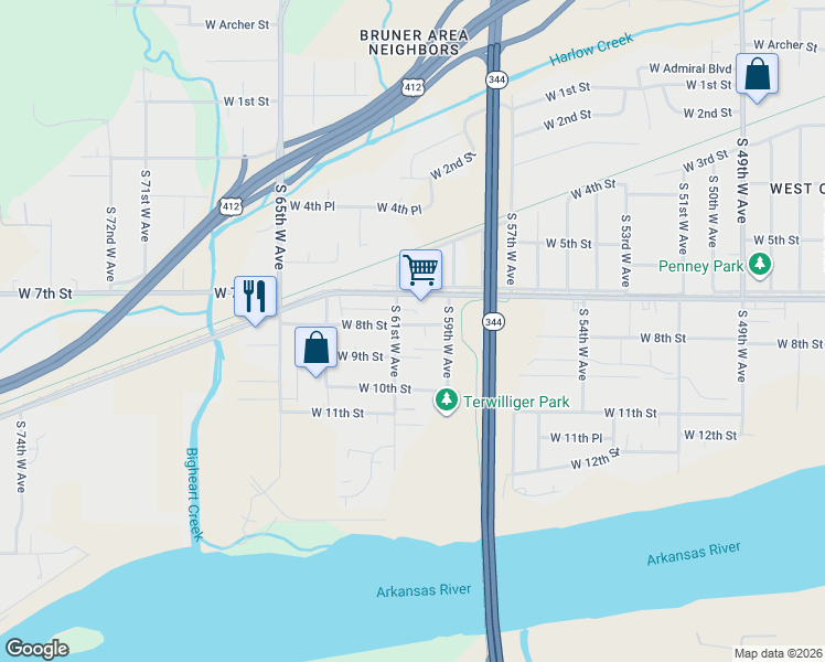 map of restaurants, bars, coffee shops, grocery stores, and more near 5928 West 8th Street in Tulsa