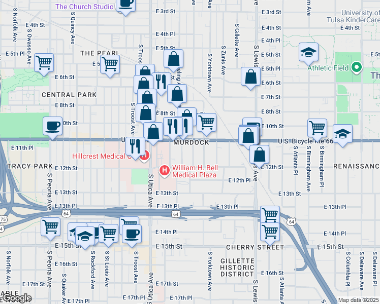 map of restaurants, bars, coffee shops, grocery stores, and more near 1120 South Xanthus Avenue in Tulsa