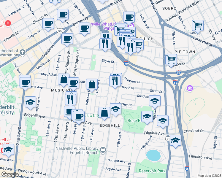 map of restaurants, bars, coffee shops, grocery stores, and more near 912 13th Avenue South in Nashville