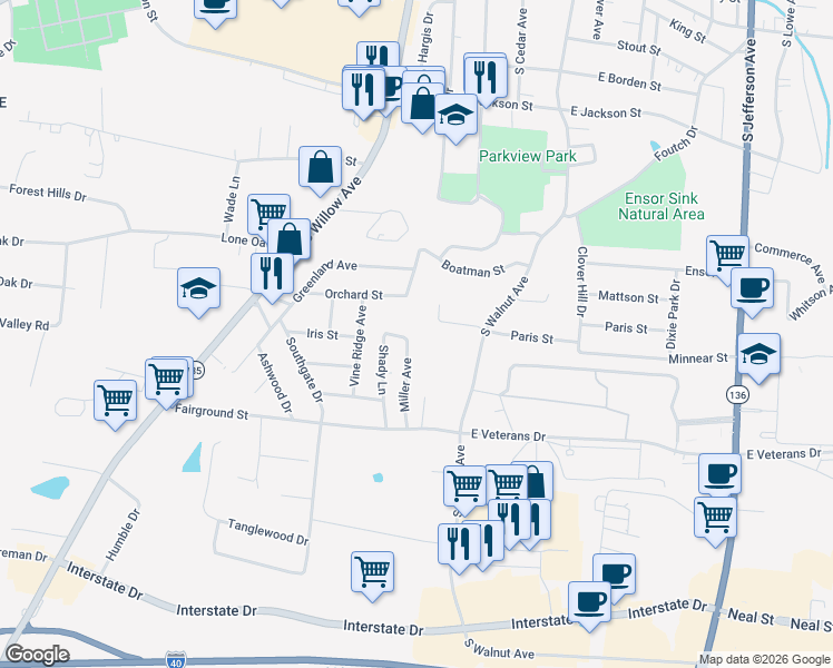 map of restaurants, bars, coffee shops, grocery stores, and more near 830 Miller Avenue in Cookeville