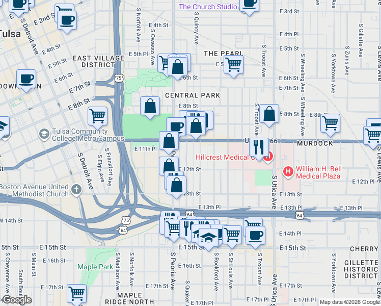 map of restaurants, bars, coffee shops, grocery stores, and more near 1121 South Quaker Avenue in Tulsa