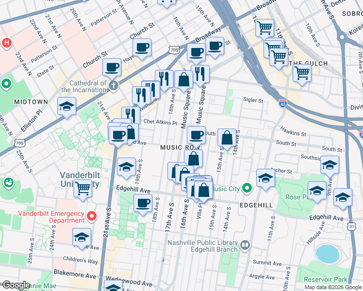 map of restaurants, bars, coffee shops, grocery stores, and more near 70 Music Square West in Nashville