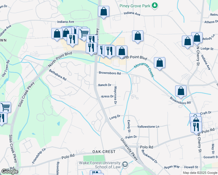 map of restaurants, bars, coffee shops, grocery stores, and more near 1012 Ranch Drive in Winston-Salem