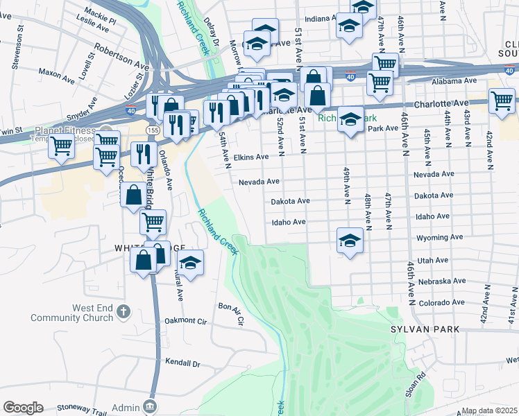 map of restaurants, bars, coffee shops, grocery stores, and more near 217 53rd Avenue North in Nashville