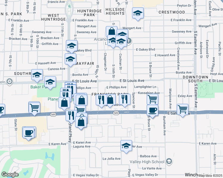 map of restaurants, bars, coffee shops, grocery stores, and more near 1602 East Phillips Avenue in Las Vegas