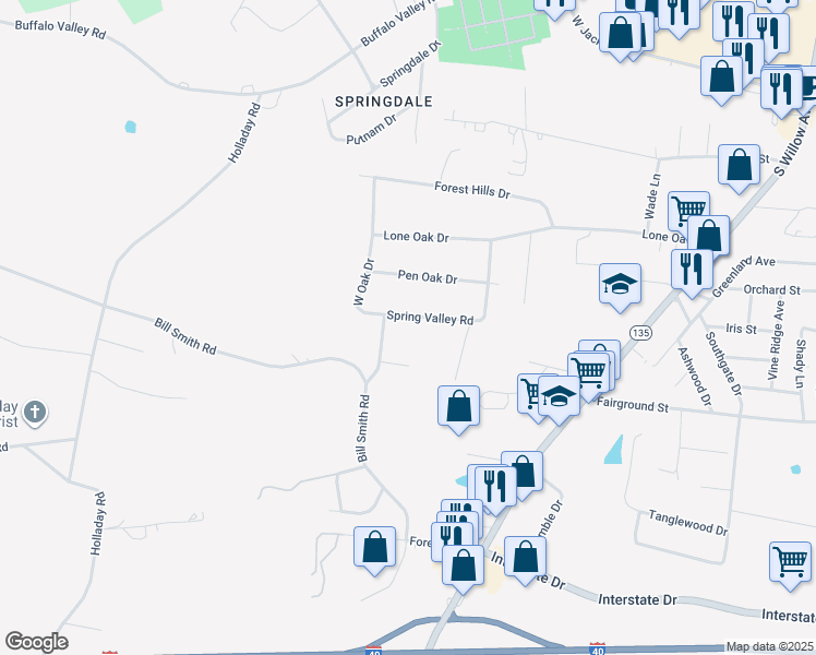map of restaurants, bars, coffee shops, grocery stores, and more near 876 Spring Valley Road in Cookeville