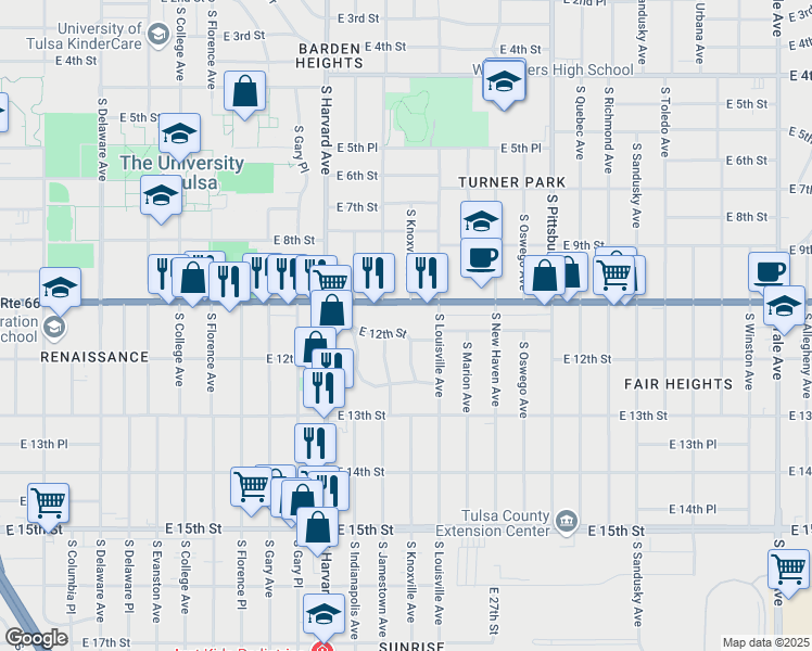 map of restaurants, bars, coffee shops, grocery stores, and more near 3515 East 12th Street in Tulsa