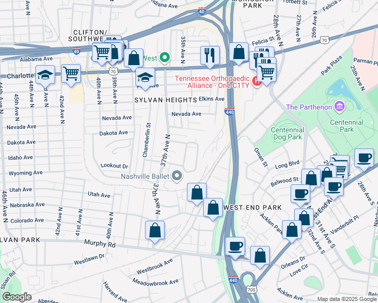 map of restaurants, bars, coffee shops, grocery stores, and more near 409 Normandy Circle in Nashville