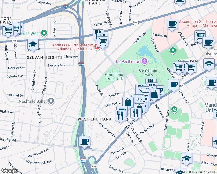 map of restaurants, bars, coffee shops, grocery stores, and more near 3131 Parthenon Avenue in Nashville
