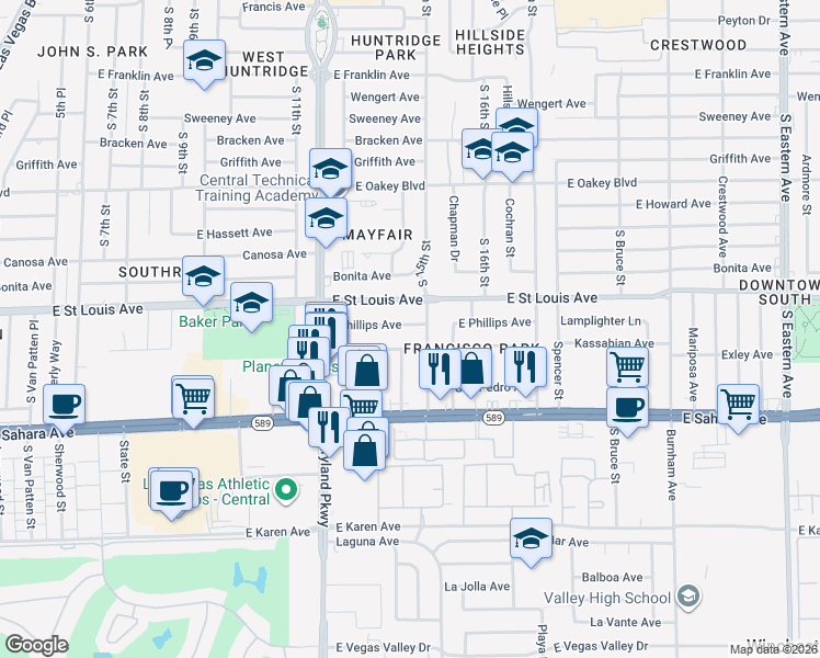 map of restaurants, bars, coffee shops, grocery stores, and more near 1404 East Phillips Avenue in Las Vegas