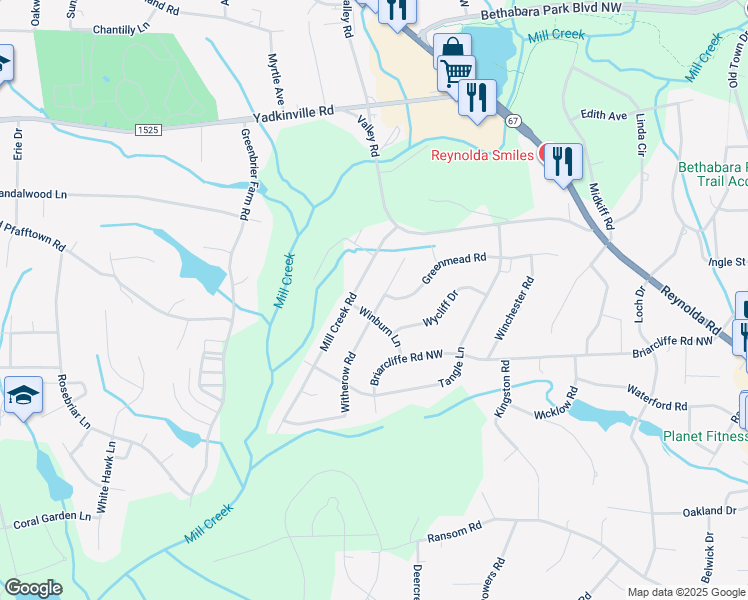 map of restaurants, bars, coffee shops, grocery stores, and more near 4181 Witherow Road in Winston-Salem
