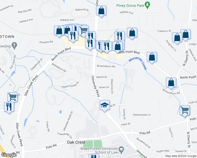 map of restaurants, bars, coffee shops, grocery stores, and more near 1060 Ranch Drive in Winston-Salem
