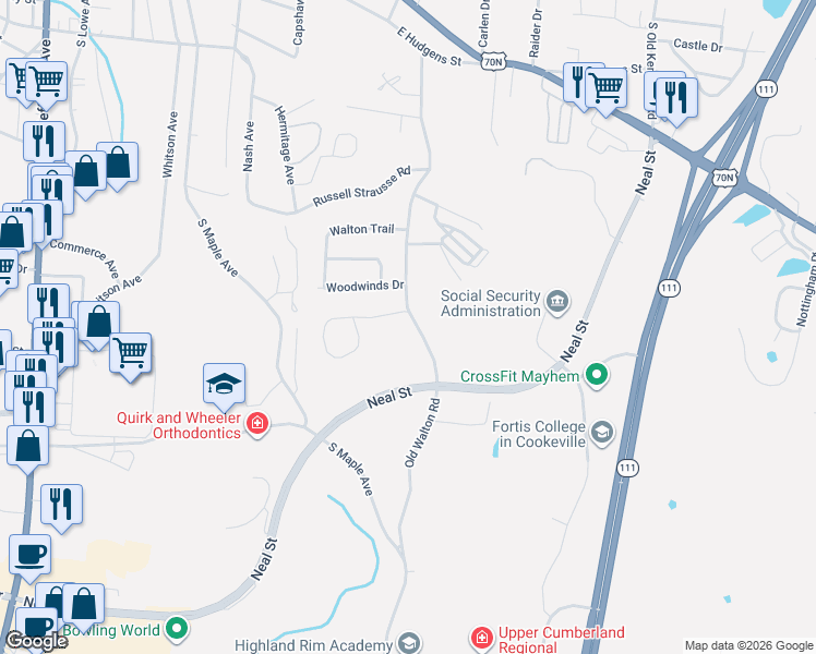 map of restaurants, bars, coffee shops, grocery stores, and more near 829 Old Walton Road in Cookeville