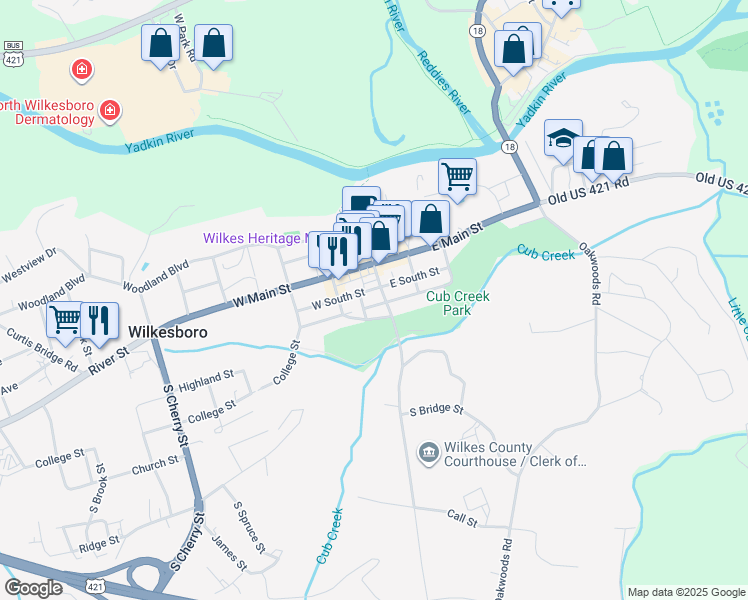 map of restaurants, bars, coffee shops, grocery stores, and more near 104 West Henderson Drive in Wilkesboro