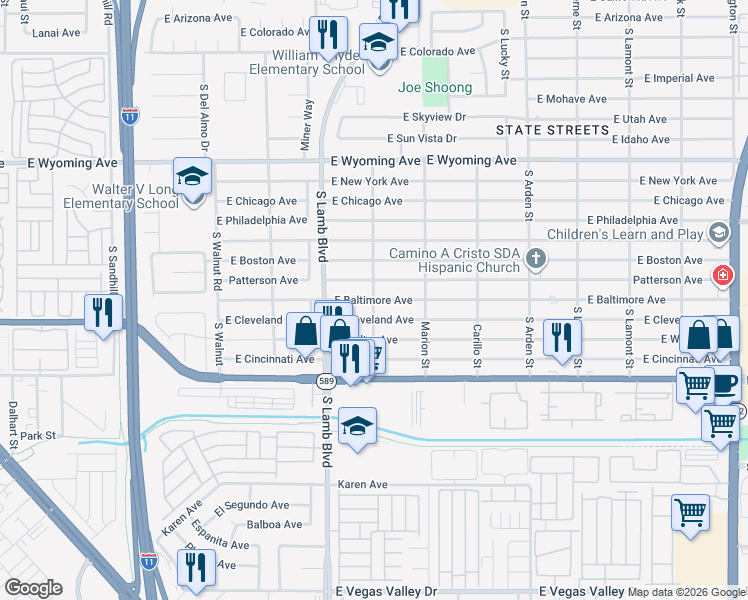 map of restaurants, bars, coffee shops, grocery stores, and more near South Louise Street in Las Vegas