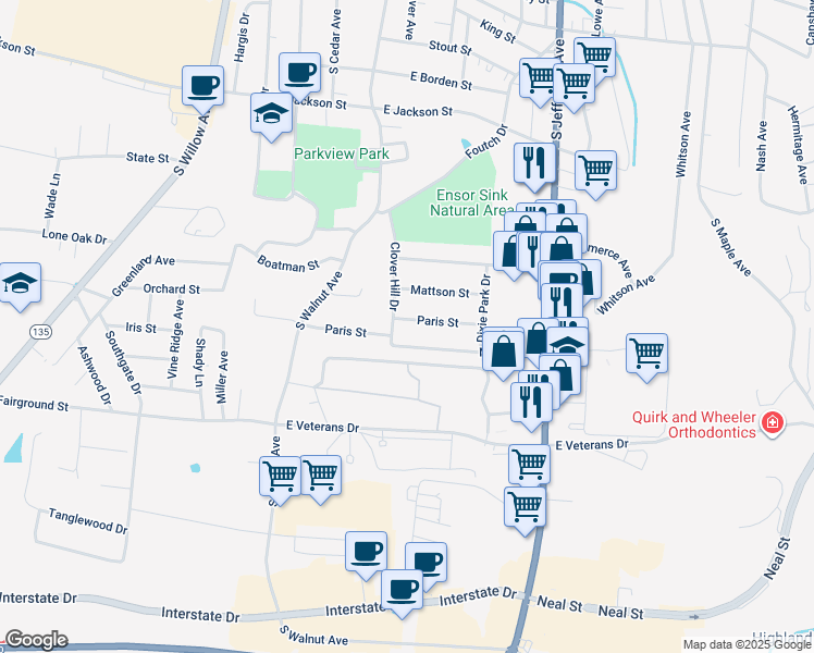 map of restaurants, bars, coffee shops, grocery stores, and more near 111 Paris Street in Cookeville